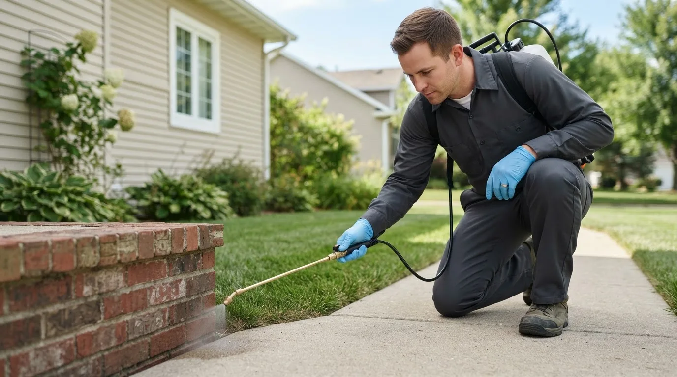 Pest control technician treating a home near Sheffield Lake, OH